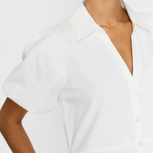 NWT Brochu Walker Havana Mini Dress White Tiered Puff Sleeve Button Front Large - Picture 6 of 16